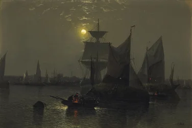Segelschiffe in einem mondbeschienenen Hafen mit Fischern und ihren Booten im Vordergrund